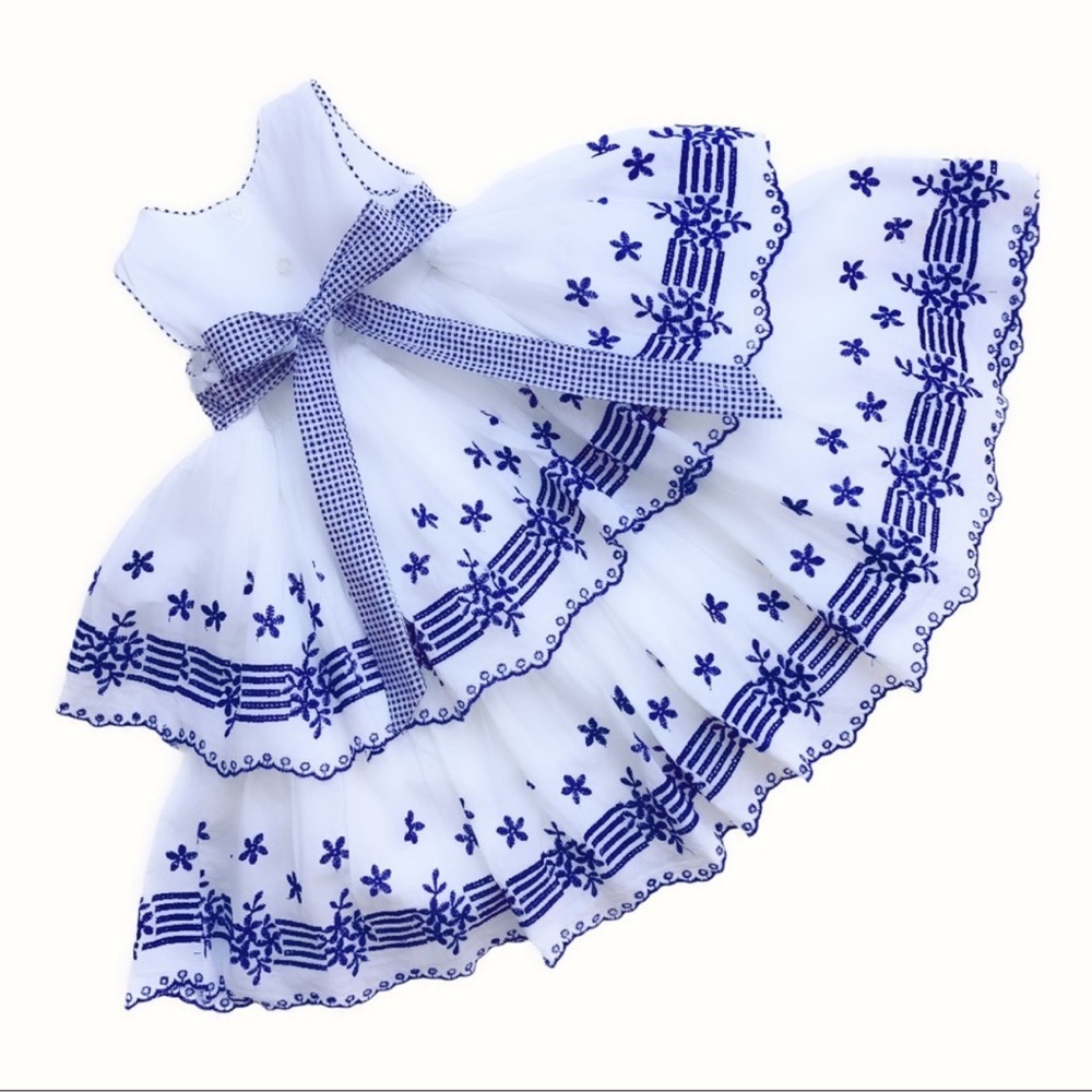 Laura Ashley 2 Tier White/Royal Blue Cotton Eyelet Ruffle Dress 2T